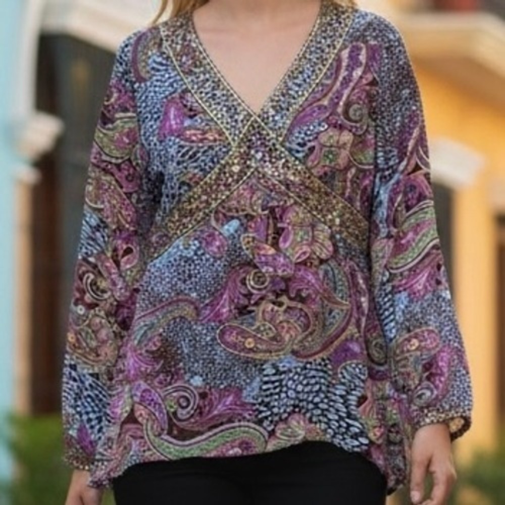 IXE Womens 100% Silk‎ Paisley Beaded Blouse Sequin Purple Brown Size Medium Boho